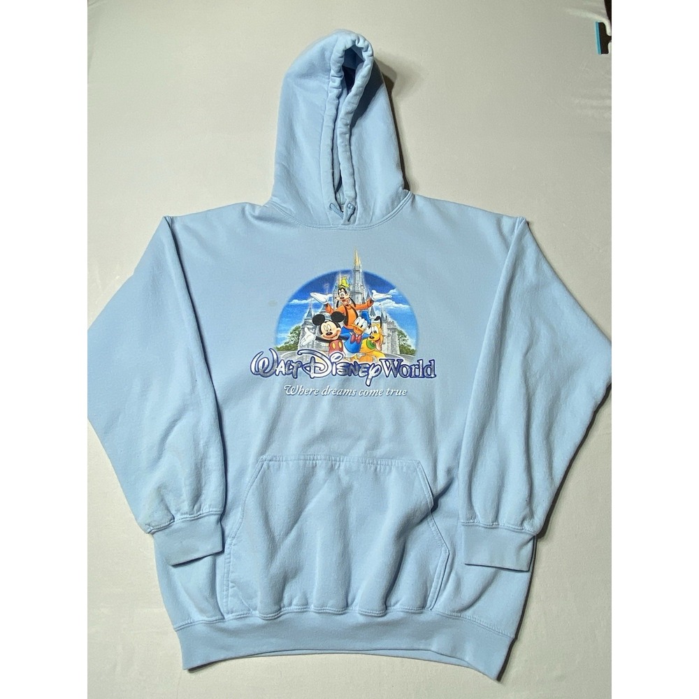 Vintage Y2K Disney World Hoodie Large Mickey Goofy Donald Pluto Castle Blue